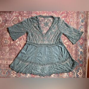 One Size Boho Teal lace crochet swim cover up—blouse—dress